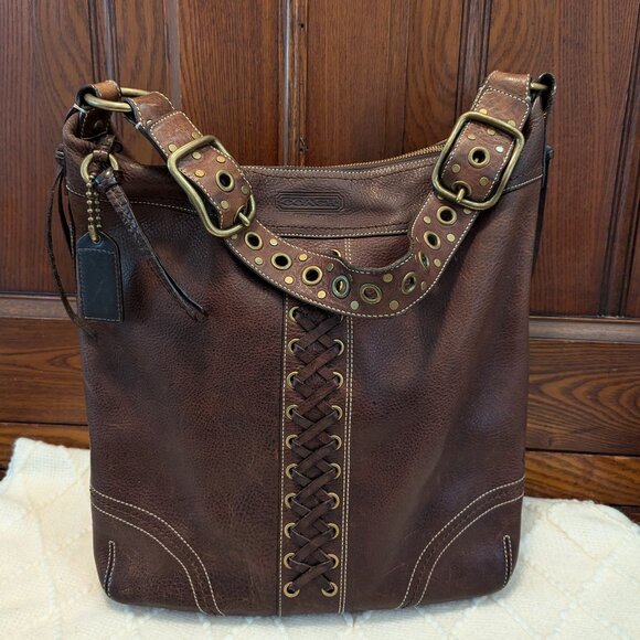 Vintage COACH Chelsea Lace Handbag BoHo X-Large Brown Pebbled Leather - Picture 1 of 14